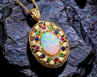 Australian Solid  Crystal Opal Pendant | 18K Gold, Natural Diamond Necklace