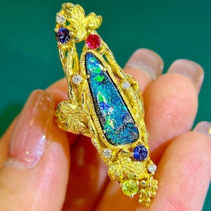 Vintage Australian Natural Collection Boulder Opal Ring with Stunning fire/18K Gold Opal Wedding Ring/Japanese second-hand opal jewelry