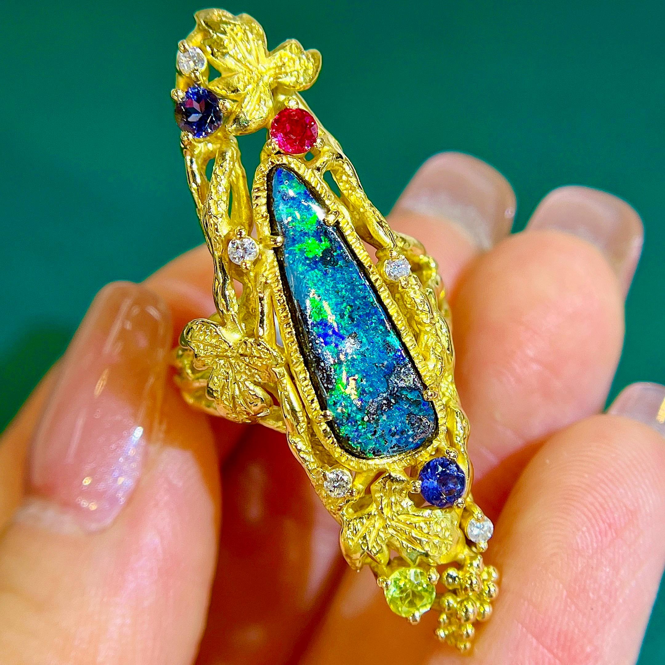 Vintage Australian Boulder Opal 18K Gold Ring: Fire Opal Wedding Jewelry