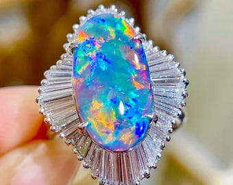 Genuine Natural Black Opal PT900 Diamond Halo Ring, Rainbow Flash Opal Fine Jewelry, Vintage Platinum Cocktail Statement Ring