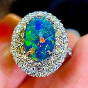 Vintage Solid Black Opal Ring PT900 Platinum & Diamonds | Japanese Antique Jewelry | Unique Birthday Gift for Her | Australian Opal