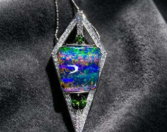 Platinum PT900 Boulder Opal Pendant, Natural Diamond & Tsavorite Garnet Accents, PT850 Platinum Chain, Art Deco Geometric Opal Necklace