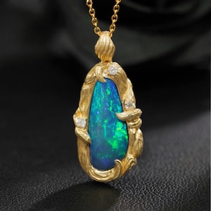 Australian solid Crystal Opal pendant. 18K White Gold Opal Wedding pendant.Collection Diamonds necklace gift