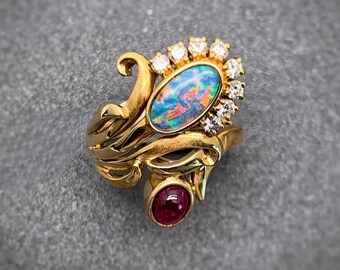 Vintage TASAKI Japanese Designer Ring, Natural Australian Boulder Opal, Play‑of‑Colour Gem, Solid 18K Yellow Gold, Queensland Opal