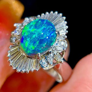 Vintage Black Opal Ring PT900 Platinum & Diamonds | Japanese Antique Jewelry | Unique Birthday Gift for Her | Australian Opal