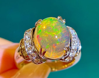 Natural Mexican Fire Opal Statement Ring, Orange Oval Cabochon Opal, Pt900 Platinum & Diamond Halo, Pre‑Owned Vintage Estate Opal Jewelry