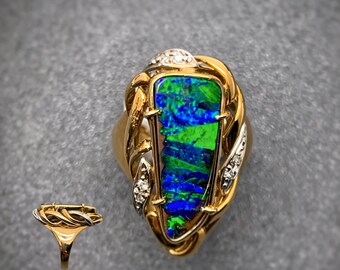 Pre‑Owned Australian Boulder Opal Ring, Solid 18K Yellow Gold, Natural Queensland Boulder Opal, Vintage Estate Gem Jewelry