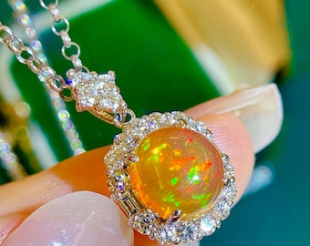 Mexican Fire Opal Diamond Pendant Necklace, Natural Untreated Fire Opal, PT900 Platinum Pendant Mount, 18K White Gold Chain, October Stone