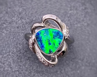 Vibrant Blue-Green Boulder Opal Ring | PT900 Platinum & Diamond Setting | Exquisite Handmade Statement Jewelry