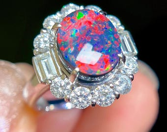 Vintage Black Opal Ring | PT900 Platinum Diamond Halo, Australian Opal