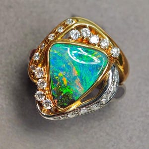 Australischer Natürlicher Crystal Opal Ring. 18K Gelbgold Vintage Opal Ring. Hochzeit Jewelry.Butterfly Diomanden ring.Birthday Geschenk