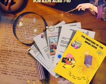 May include: A mystery escape room game kit for kids ages 7-10, featuring printed activity sheets with clues, a magnifying glass, and a yellow cover page titled The Mystery of the Magic Book, decorated with a cartoon detective and potion graphics.