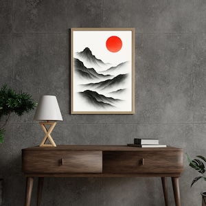 Minimalist Japanese Landscape Wall Art – Red Sun and Black Ink Mountains – Zen Printable Poster