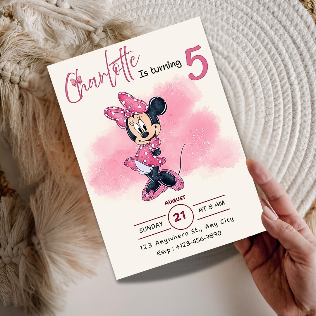Editable Minnie Mouse Birthday Invitation – Pink Watercolor Template ...