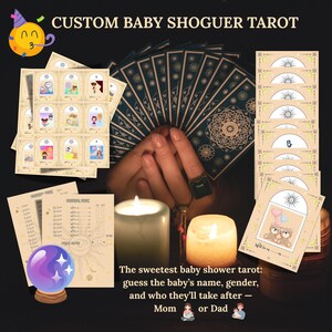 Puede incluir: Un juego de cartas de tarot personalizadas para baby shower con ilustraciones de bebés y artículos de guardería, una hoja de puntuación y una baraja con reverso azul oscuro. El texto dice CUSTOM BABY SHOWER TAROT y The sweetest baby shower tarot: guess the baby's name, gender, and who they'll take after — Mom or Dad.