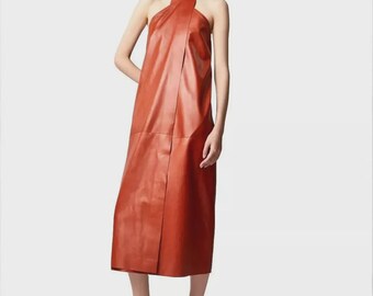 red leather halter dress Red Leather Halter Mini Dress with Corset Lace-Up & Ruffle Skirt