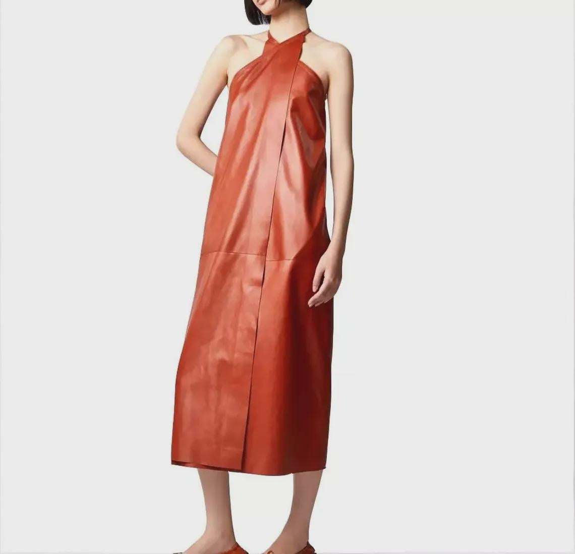 brown leather halter dress Handmade Lambskin Dress: Mid-calf Wrap SHEIN Frenchy Women's Casual backless dresses Hook and Eye Closure Size:4XLarge Reuniontower com