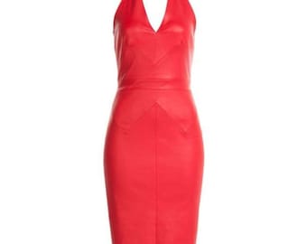Red Lambskin Leather Halter Dress: Vintage Style