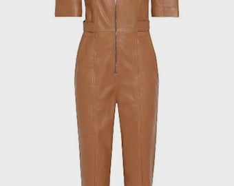 Lambskin Leather Jumpsuit: Women's Mid Sleeve Zip Up