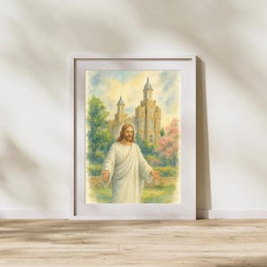 Christ at the Logan Temple – LDS Watercolor Digital Print, Jesus with Temple, Instant Download, Christian Home Decor, Printable Art