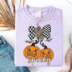 Spooky Jack o Lantern Cherries Png, Leopard Print Ghost on Checker Bow Digital Design, Trendy Halloween Shirt Png for Sublimation