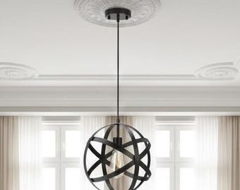 Modern svart klotformad pendellampa – Industriell geometrisk hängande taklampa – Minimalistisk metallklotformad ljuskrona