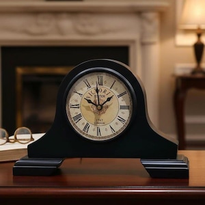 Vintage Black Wooden Mantel Clock Silent Victorian Tabletop