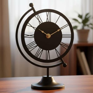 Può includere: Un orologio da scrivania nero con un design a forma di globo. Il quadrante dell'orologio presenta numeri romani e lancette color oro. L'orologio è in metallo e poggia su una base rotonda. L'orologio è alto circa 20 cm.