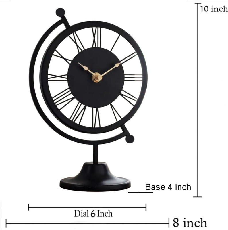 Black metal globe-shaped desk clock. The clock face is 6 inches in diameter, with Roman numerals and gold-colored hands. The base is 4 inches wide, and the clock is 10 inches tall. The overall width is 8 inches.