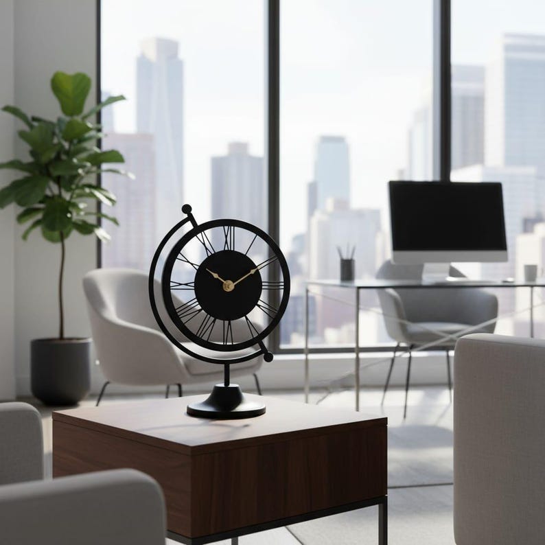 A black and gold desk clock with a globe design. The clock features Roman numerals and gold hands. The clock is on a dark brown wooden table in an office setting. The clock measures approximately 10 inches in height.