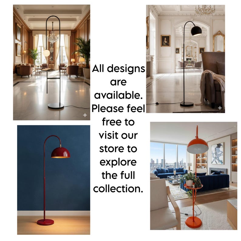 A burgundy floor lamp with a curved arm and a dome-shaped shade. The lamp is in a living room with a cream-colored sofa, gold pillows, and a wooden coffee table. The room has cream-colored curtains and a patterned wallpaper.