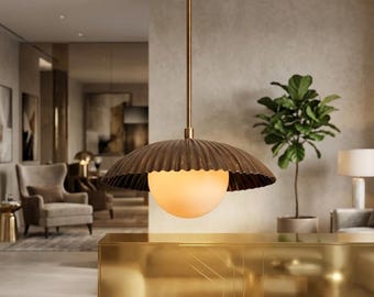 Lámpara de araña de latón pulido – Pantalla de cúpula extragrande, lámpara colgante de globo esmerilado