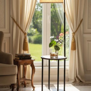 Modern Arc Floor Lamp with Wooden Side Table | Beige Fabric Shade