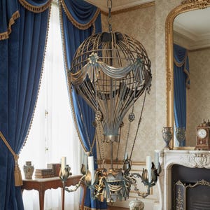 Może przedstawiać: Dekoracyjny żyrandol w kształcie balonu na ogrzane powietrze. Metalowa rama w odcieniach brązu i złota, z kwiatowymi i draperowanymi zdobieniami. Żyrandol posiada wiele opraw oświetleniowych w kształcie świec.