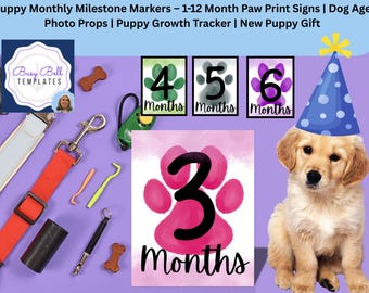 Puppy Monthly Milestone Markers – 1-12 Month Paw Print Signs | Dog Age Photo Props | Puppy Growth Tracker | New Puppy Gift