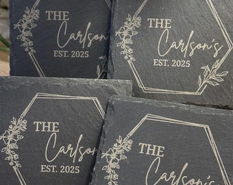 Personalized Slate Coasters | Engraved Drink Coasters | Wedding Gifts, Housewarming, Anniversary, Christmas, Home Bar Décor | Set of 4