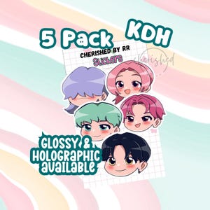 Saja Boys 5-Pack Kpop Demon Hunter Stickers – Waterproof Head-Only Fan Art with Names – Glossy or Holographic – Dishwasher Safe