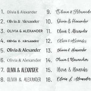 May include: A font selection chart featuring sixteen distinct black typography styles, each displaying the names Olivia & Alexander. The list is organized in two columns against a light, textured background, showcasing various serif, sans-serif, and script fonts.