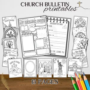 Könnte beinhalten: Schwarz-Weiß-Druckseiten für Kirchenzettel mit dem Text "CHURCH BULLETIN printables" und "15 PAGES". Die Seiten enthalten Predigtnotizen, Malvorlagen und inspirierende Zitate. Enthält Bilder einer Kirche, eines Kreuzes und anderer religiöser Symbole.