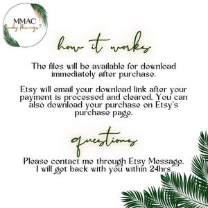 May include: A white background with green text that reads "how it works" and "questions". The text explains how to download files after purchase and how to contact the seller with questions. A logo is in the upper left corner.