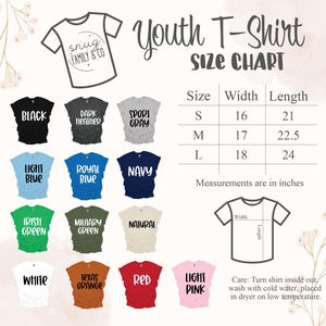 The image is a size chart for youth t-shirts, displaying various color options and corresponding measurements in inches.