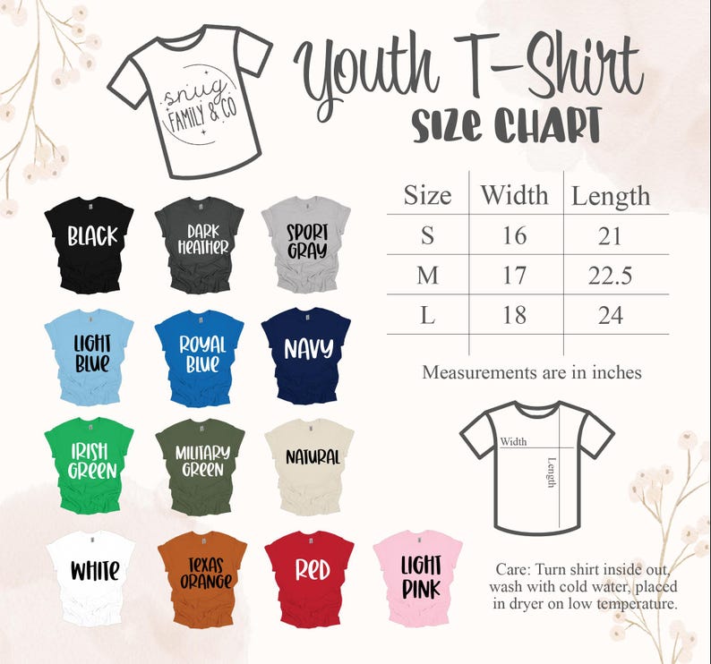 The image is a size chart for youth t-shirts, displaying various color options and corresponding measurements in inches.