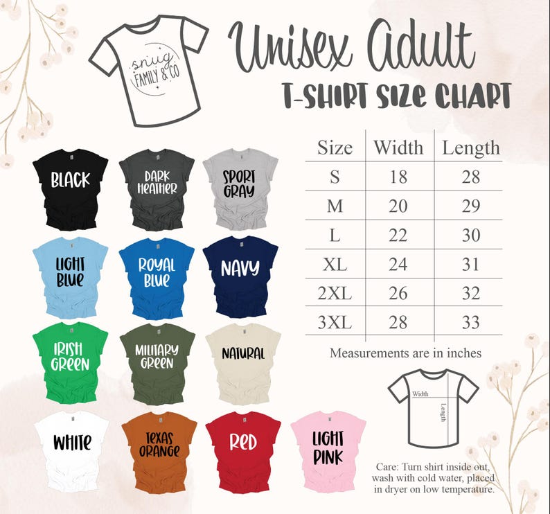 The image is a T-shirt size chart for adults, displaying various T-shirt sizes and corresponding color options.