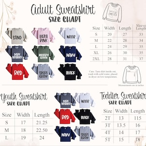 The image is a size chart for adult and toddler sweatshirts, displaying the different sizes available and their corresponding measurements.