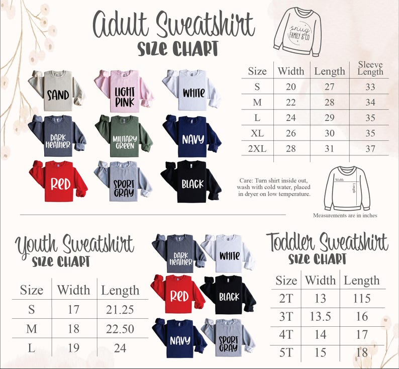 The image is a size chart for adult and toddler sweatshirts, displaying the different sizes available and their corresponding measurements.