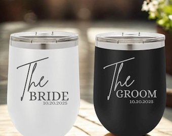 Bride and Groom Mr. and Mrs. Personalized Name Anniversary Wedding Gift Set of Two Polar Camel Stemless Wine Tumbler Laser Engraved Etched
