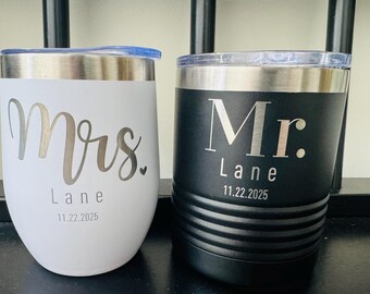 Bride and Groom Mr. and Mrs. Personalized Name Anniversary Wedding Gift Set of Two Polar Camel Stemless Wine Tumbler Laser Engraved Etched