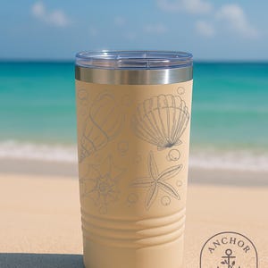 Seashell Beach Tumbler Custom Engraved 20oz Stainless Cup Summer Coastal Gift Ocean Lover Cup Personalized Beach Drinkware