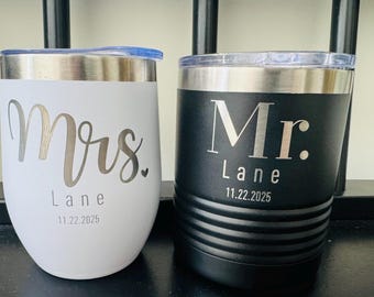 Mr. and Mrs. Personalized Name Wifey Hubby Engagement Wedding Anniversary Gift Set Polar Camel Stemless Wine Tumbler Laser Engraved Etched