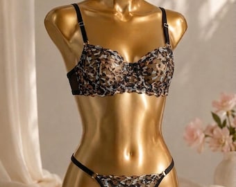 Leopard Lace Lingerie Set, Sheer Mesh Bra and Panty Set, Underwire Lace Lingerie, Transparent Lingerie Set, Romantic Lingerie Gift